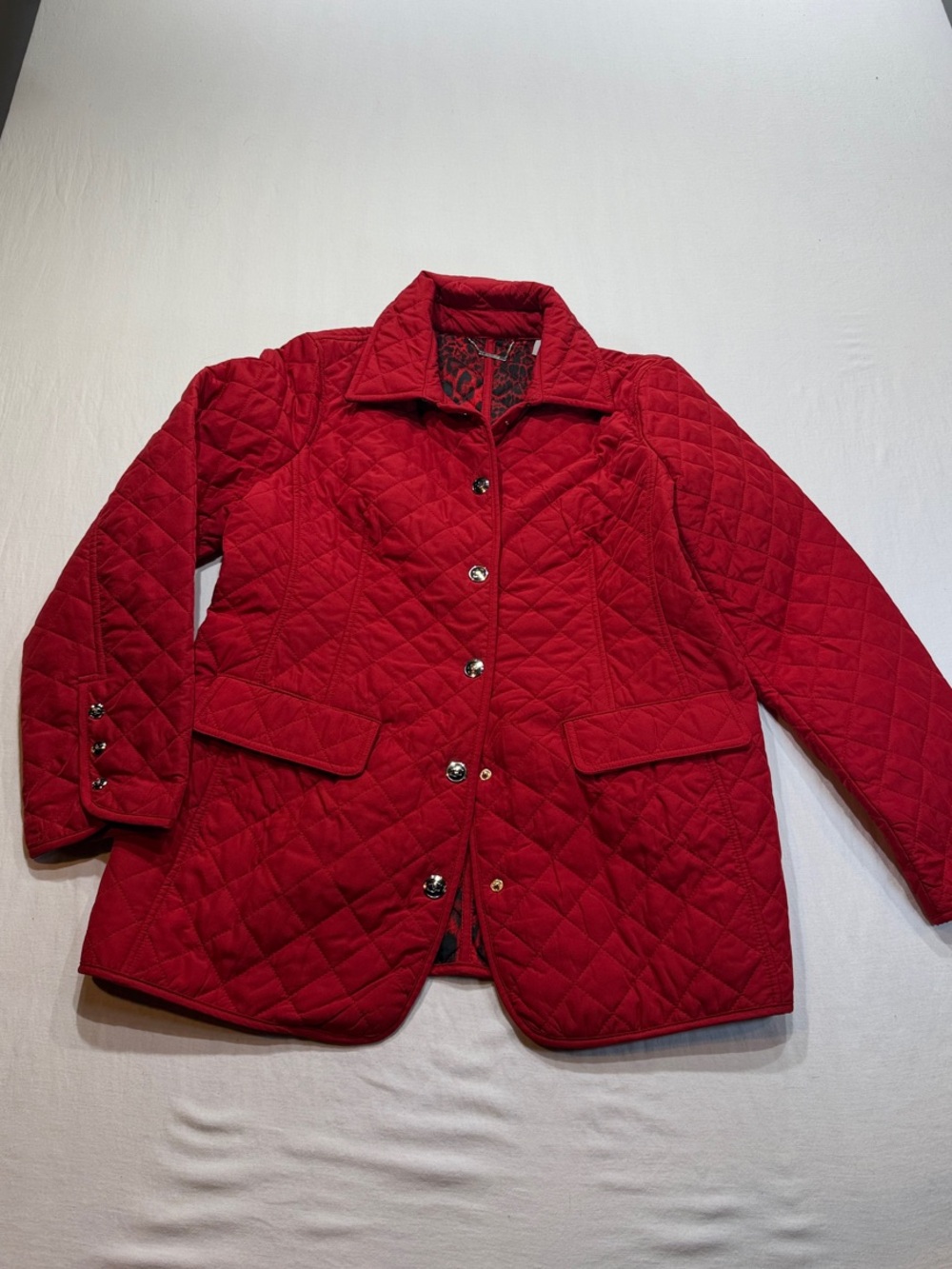 Chico’s Size 1 Red Quilted Jacket Leopard Print Lining gold Button Coat